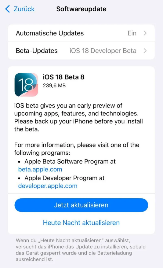 晴隆苹果手机维修分享苹果 iOS / iPadOS 18 开发者预览版 Beta 8 发布 